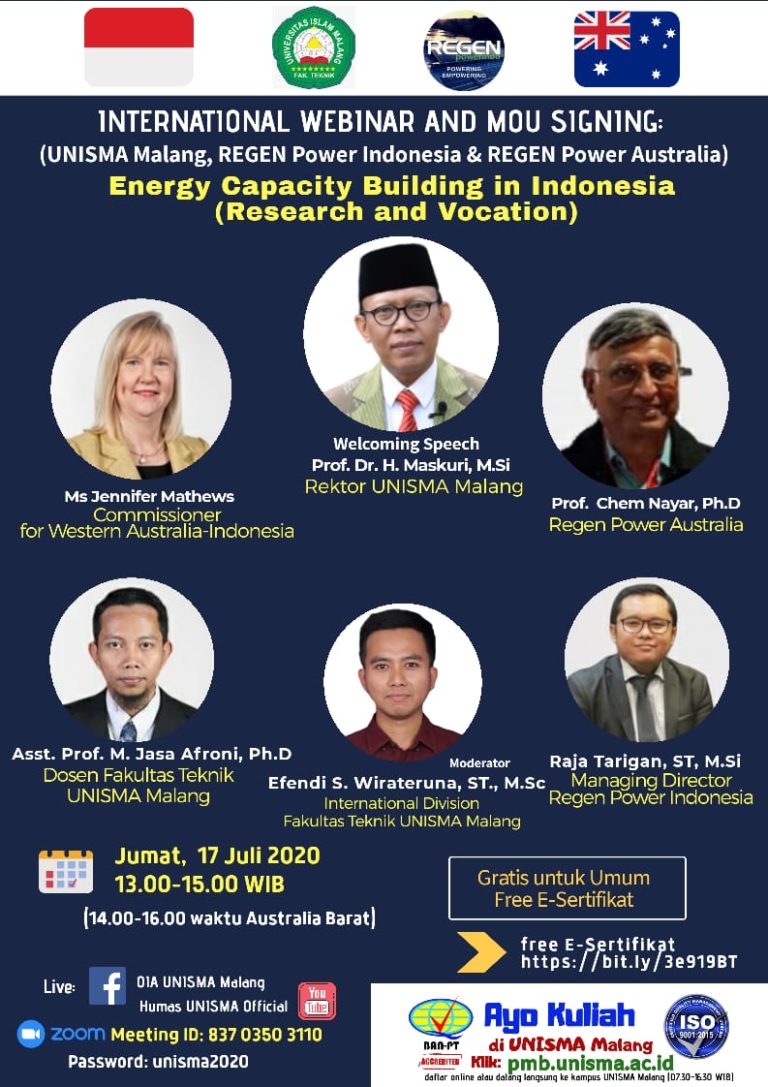International Webinar (berbahasa Indonesia dan Inggris) Fakultas Teknik UNISMA dengan Regen Power Indonesia & Regen Power Australia