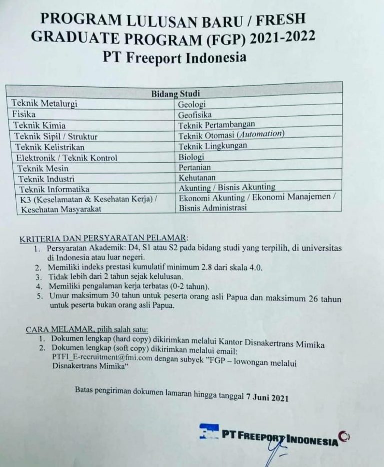 LOWONGAN FRESH GRADUATE PROGRAM (FGP) 2021 – 2022 PT FREEPORT INDONESIA