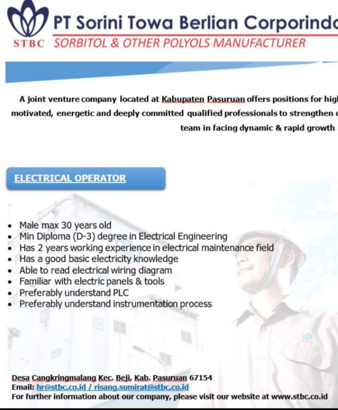 Recruitment Electrical Operator PT Sorini Towa Berlian Corporindo